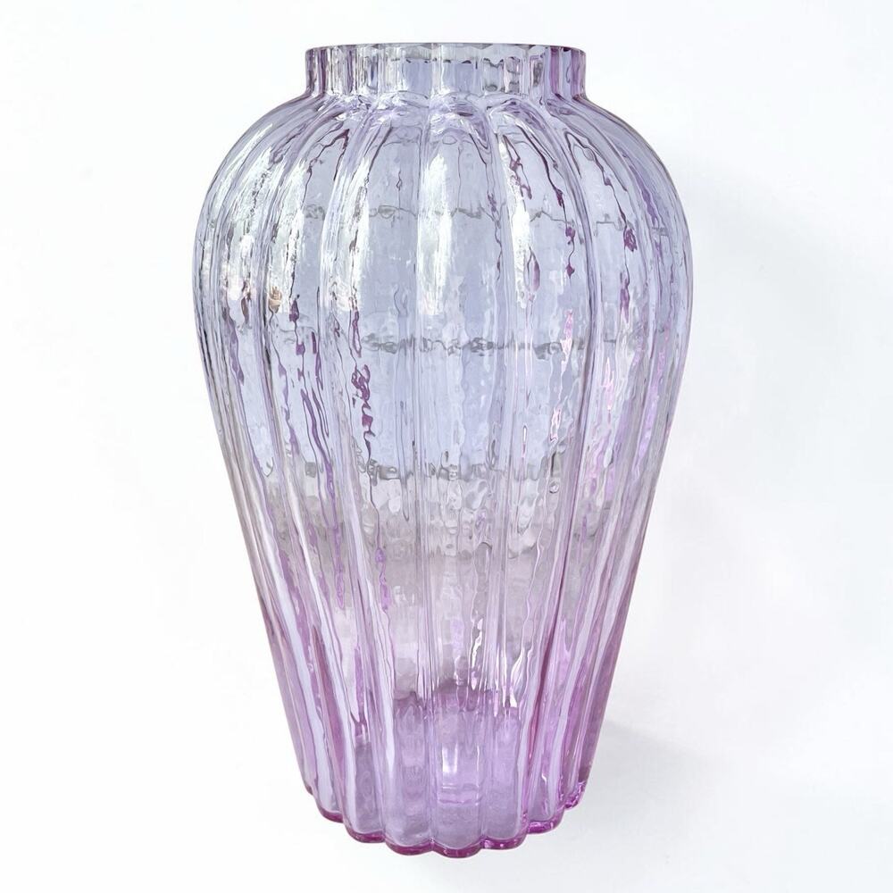 1970s Vintage Large Heavy Ribbed Italian Iridescent Purple Violet Vase 13 1/2”